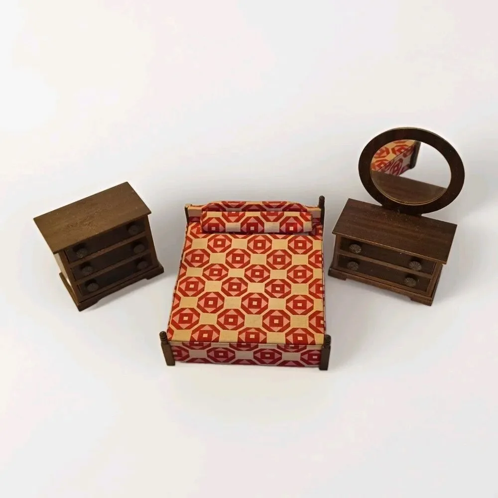 VTG German Bodo Hennig Dollhouse 3 Pc Set Bedroom Set Made in Germany 1:12